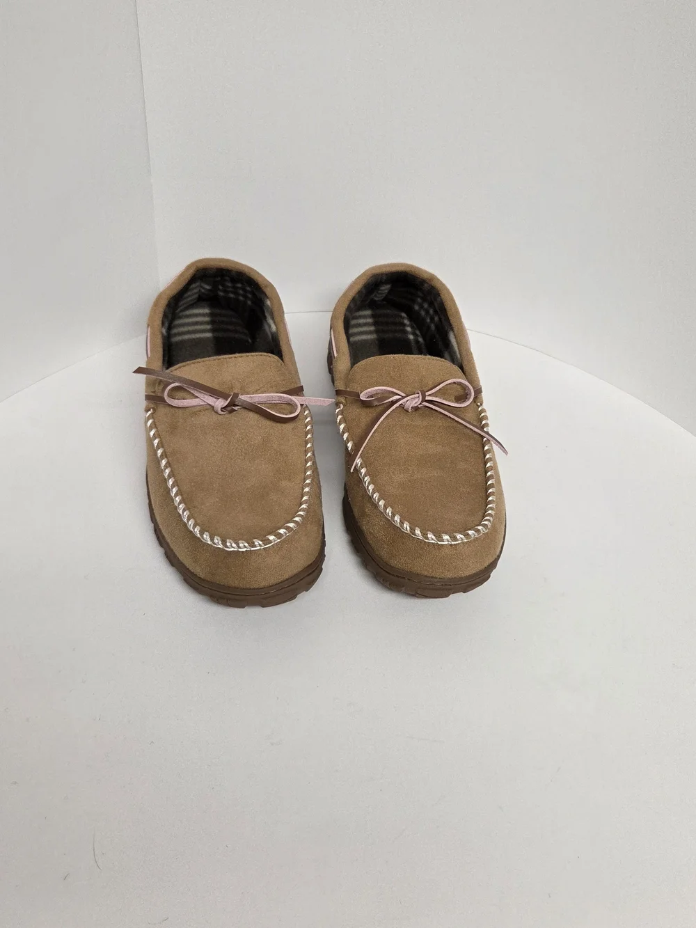Men's Suede-Look Slip-On Moccasins in Tan with Plaid Lining. Size 10 #0252